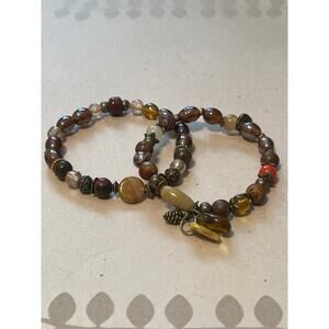 Handcrafted Bracelet Set Natural Stone & Glass Beads With Charms Stretchy Unique